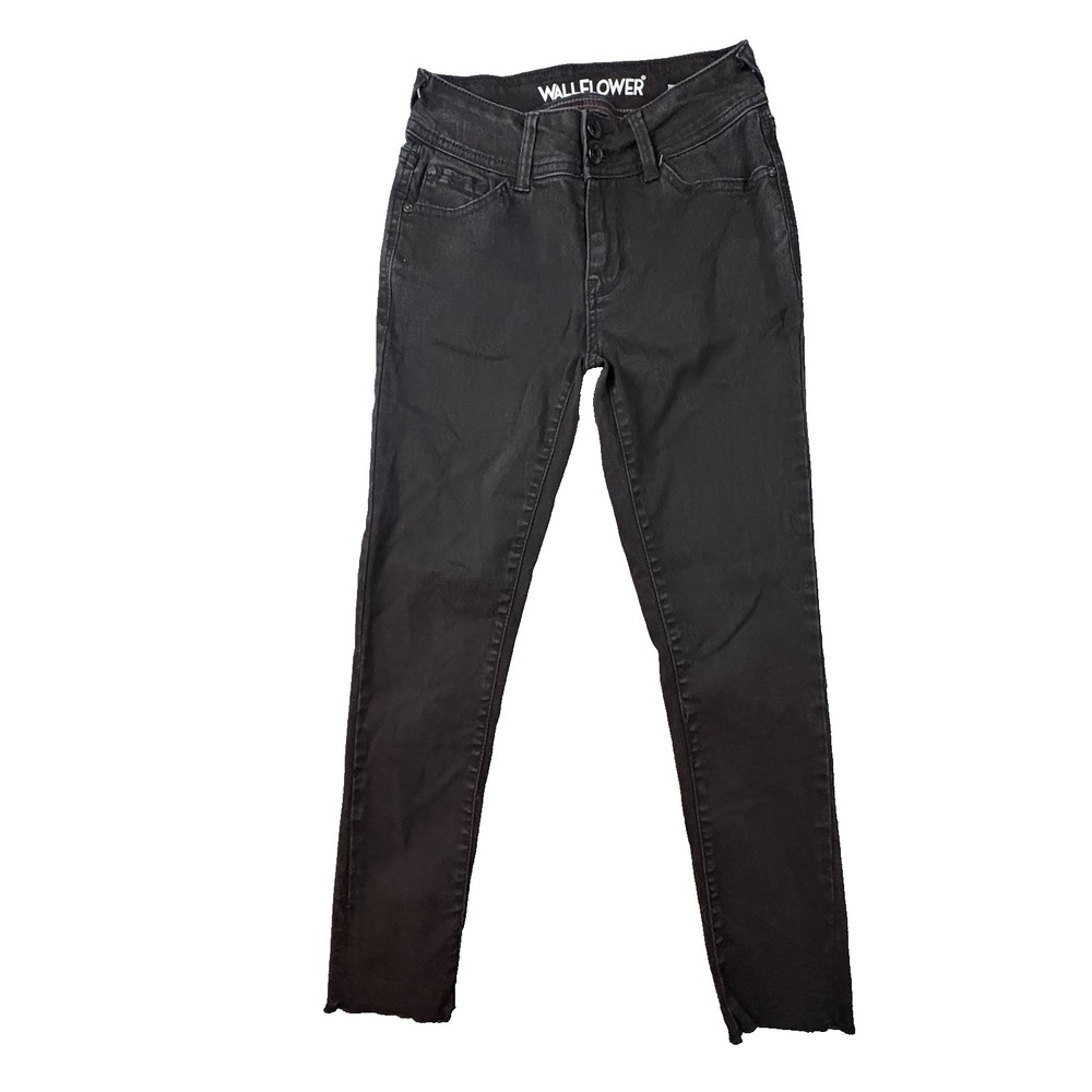WallFlower Womens 1 (25x25.75) Black Ultra Fit Skinny Stretch Double Button Jean